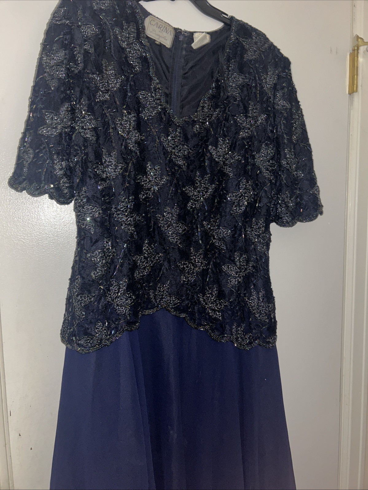 Carina by Barry Lee Navy Blue Sequin Lace Peplum Top Chiffon Skirt Dress 1X VTG