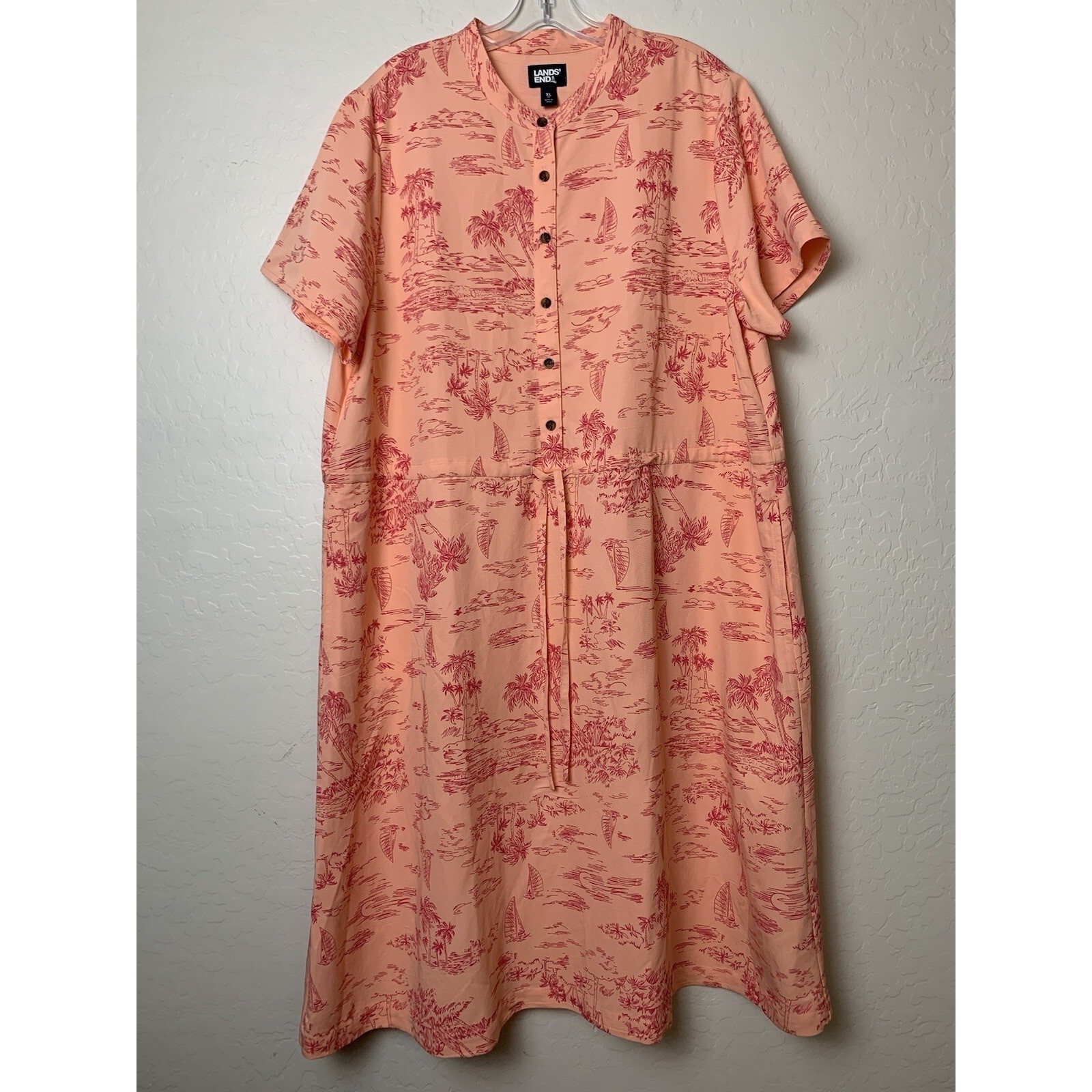 Lands End Tropical Button Drawstring Waist Womens Dress Sz XL Peach 0101