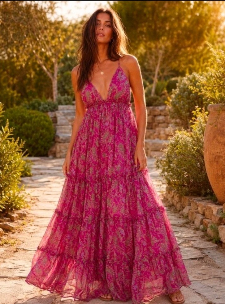 MISA Los Angeles Lia Pink Paisley Chiffon Maxi Dress Small NWT $518