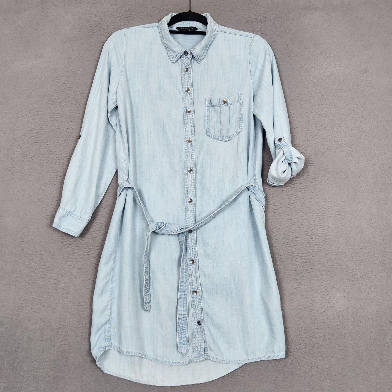 Banana Republic Shirt Dress Womens 4 Blue Chambray Button Belted Roll Tab Sleeve