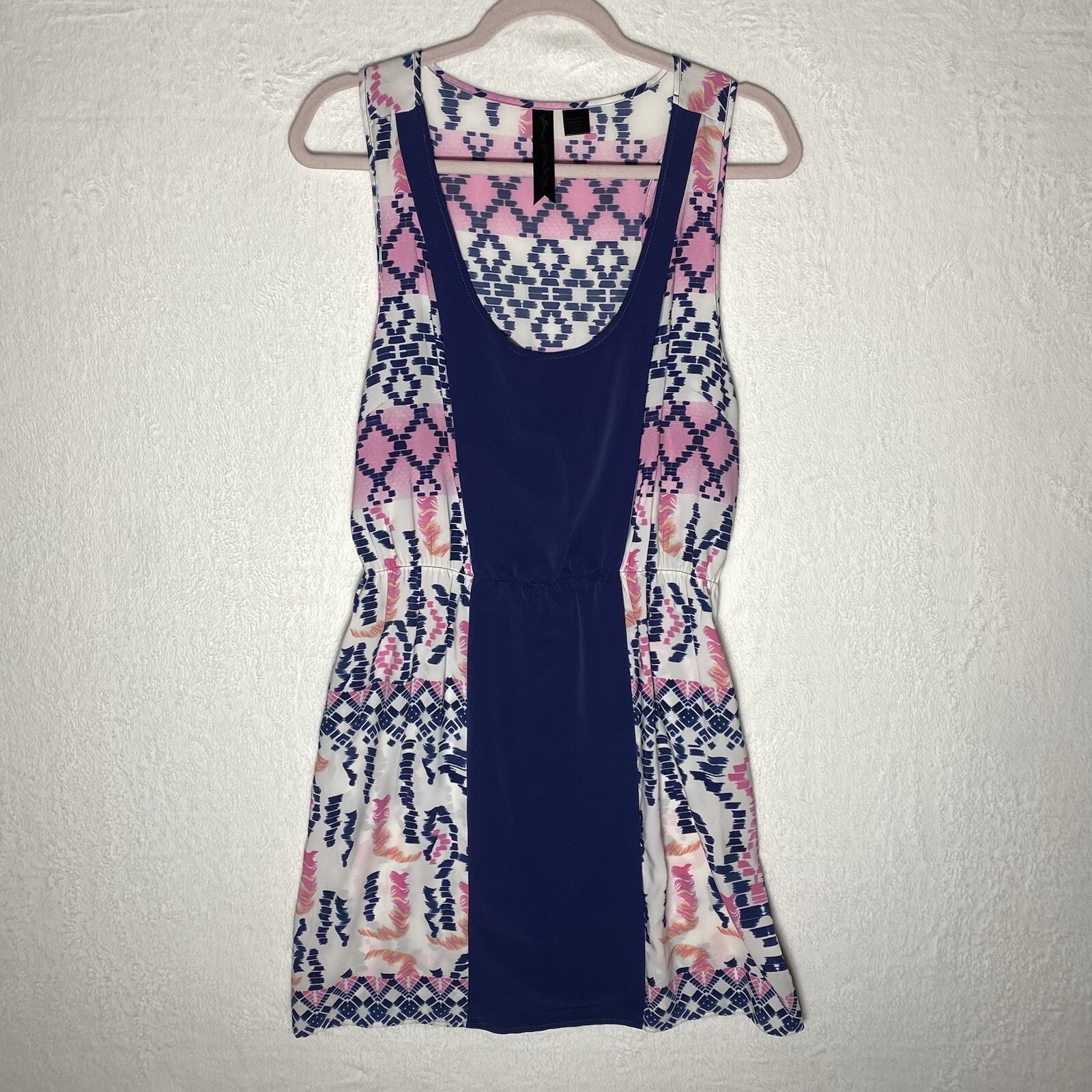 Petticoat Alley Mini Dress Large Geometric Tribal Ikat Print Pink Blue Boho L