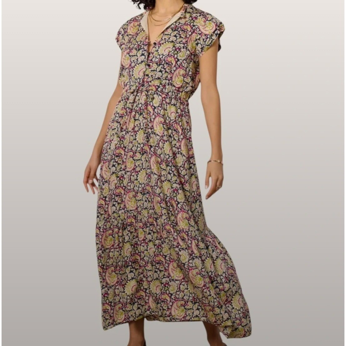 Love Tomas Emerson Fry Paisley Print Francis Frill Maxi Dress Size S Tie Waist