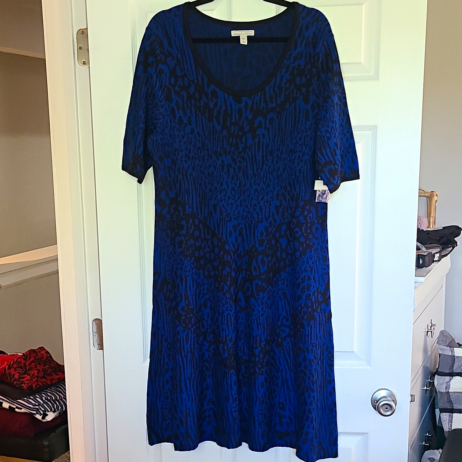 Dana Buchman Blue/Black Animal Print Knit A-Line Knee Dress XL 3/4 Scoop