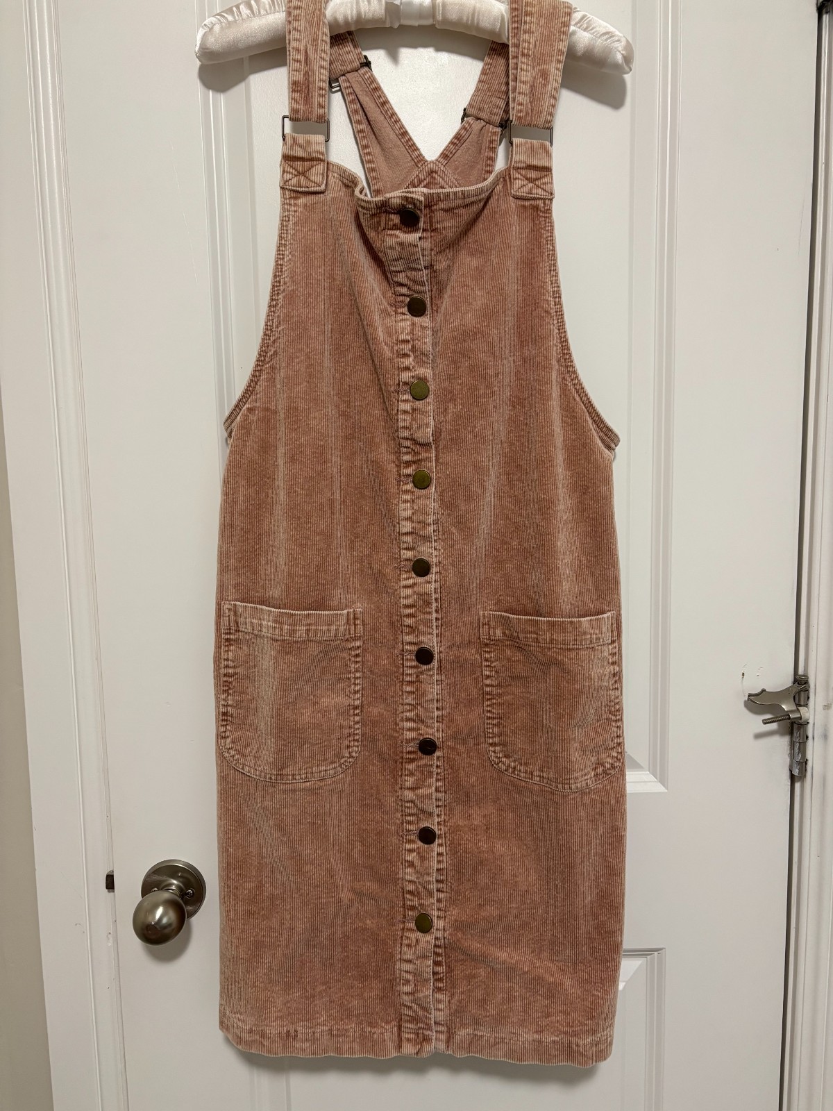 DM Fashion Corduroy Overall Pinafore Dress Button Front Dusty Rose Pink M EUC