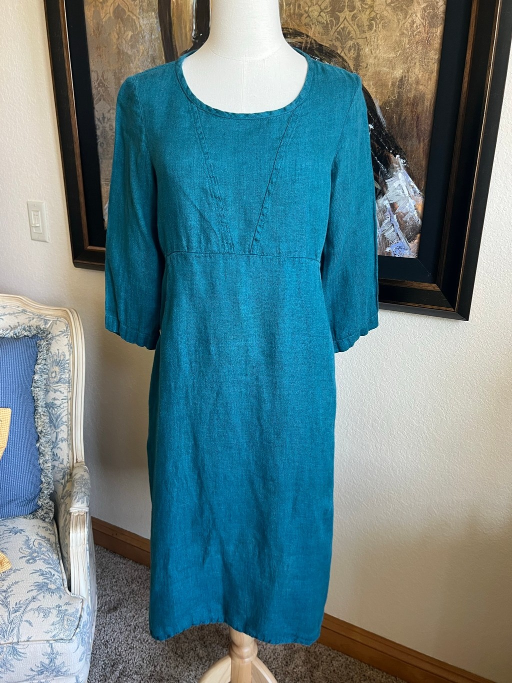 Dressed in FLAX Midi Dress Size SP Teal Blue Linen 100% Linen