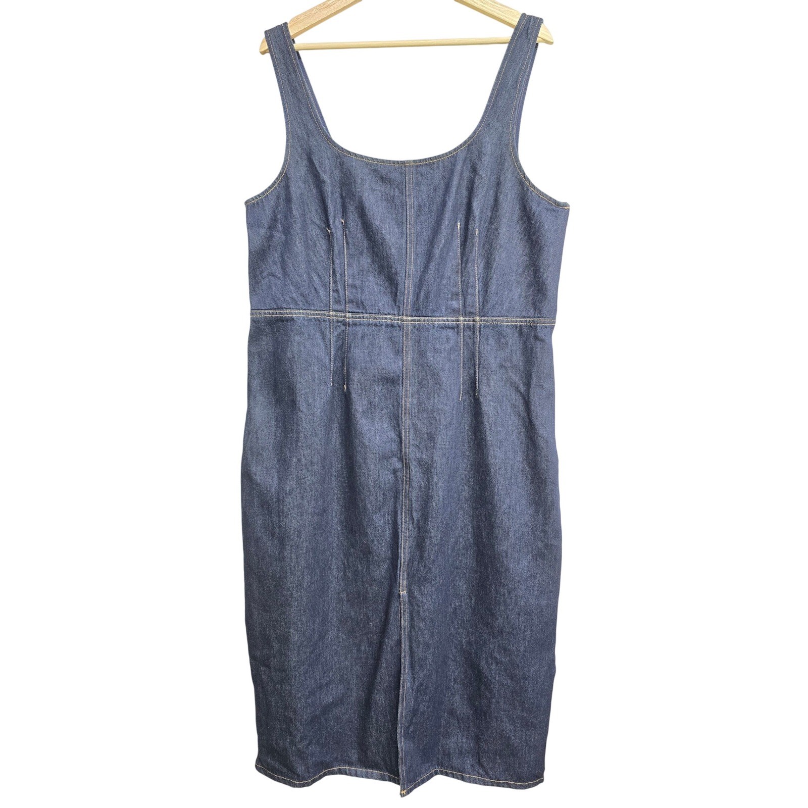 Future Collective Dark Wash Denim Midi Dress Square Neck Smocked Back XL Indigo