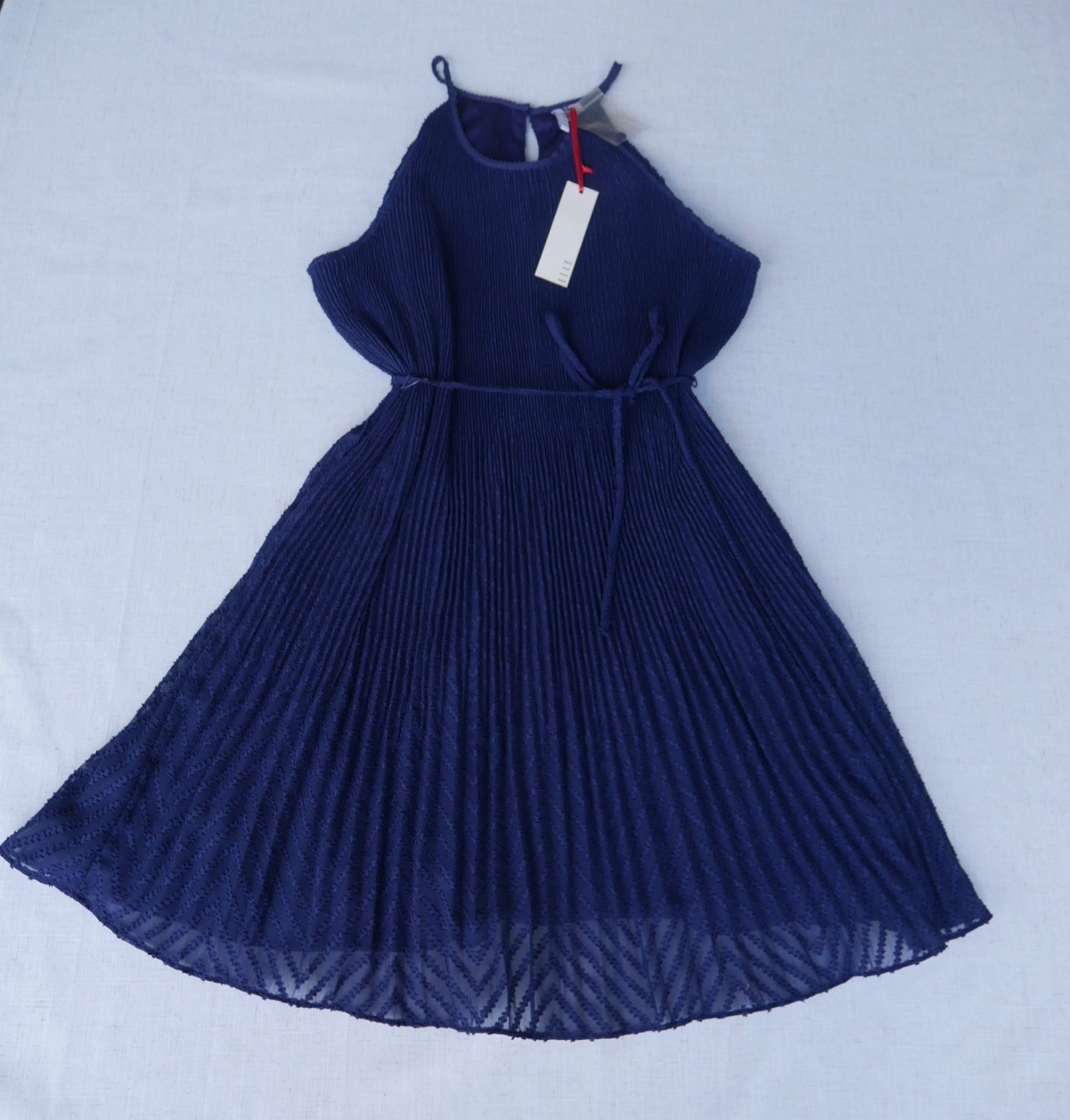 NWT ELLE Women XL Navy Blue Pleated Halter Dress Tie Waist WeddingGuest Cocktail