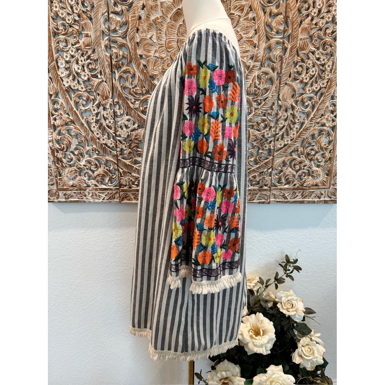 Philosophy Off-Shoulder Striped Tunic Mini Dress, Floral Embroidered Sleeves