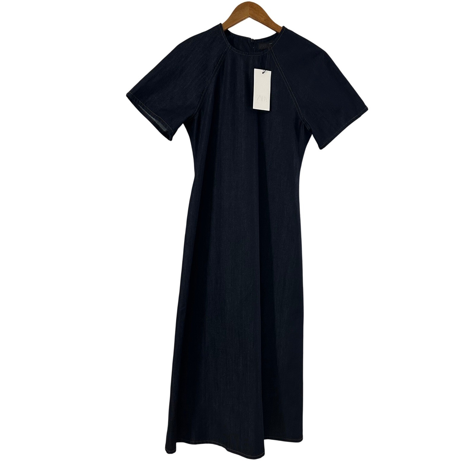 Zara Womens Dark Wash Denim Midi Dress Short Sleeve Contrast Stitch Blue Size S