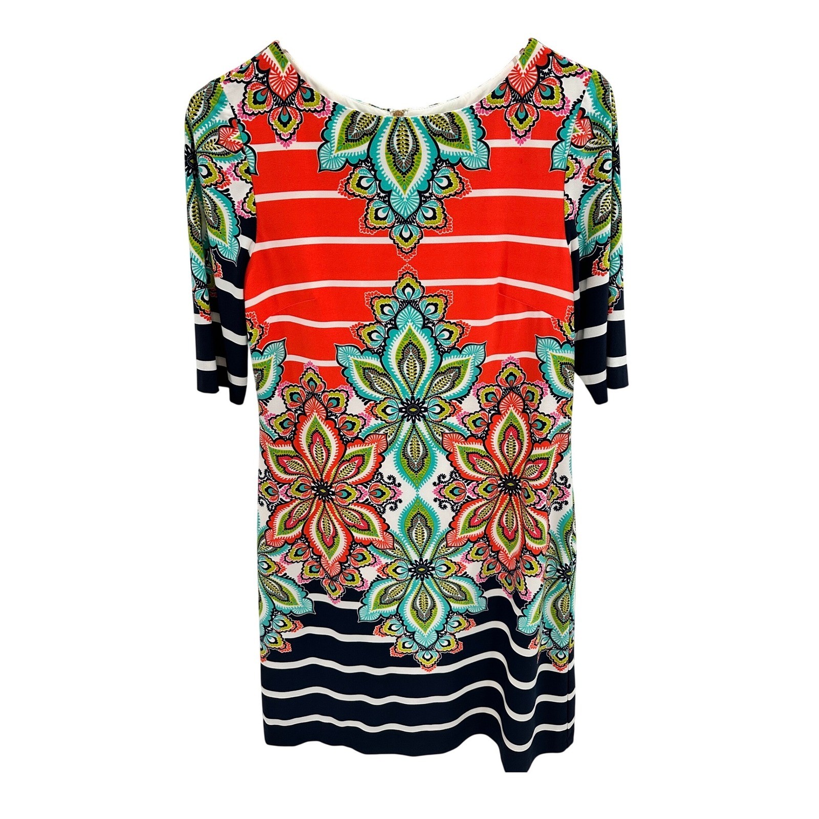 Eliza J Womens Size 6 Paisley Stripe Shift Dress 3/4 Sleeve Coral Navy Blue