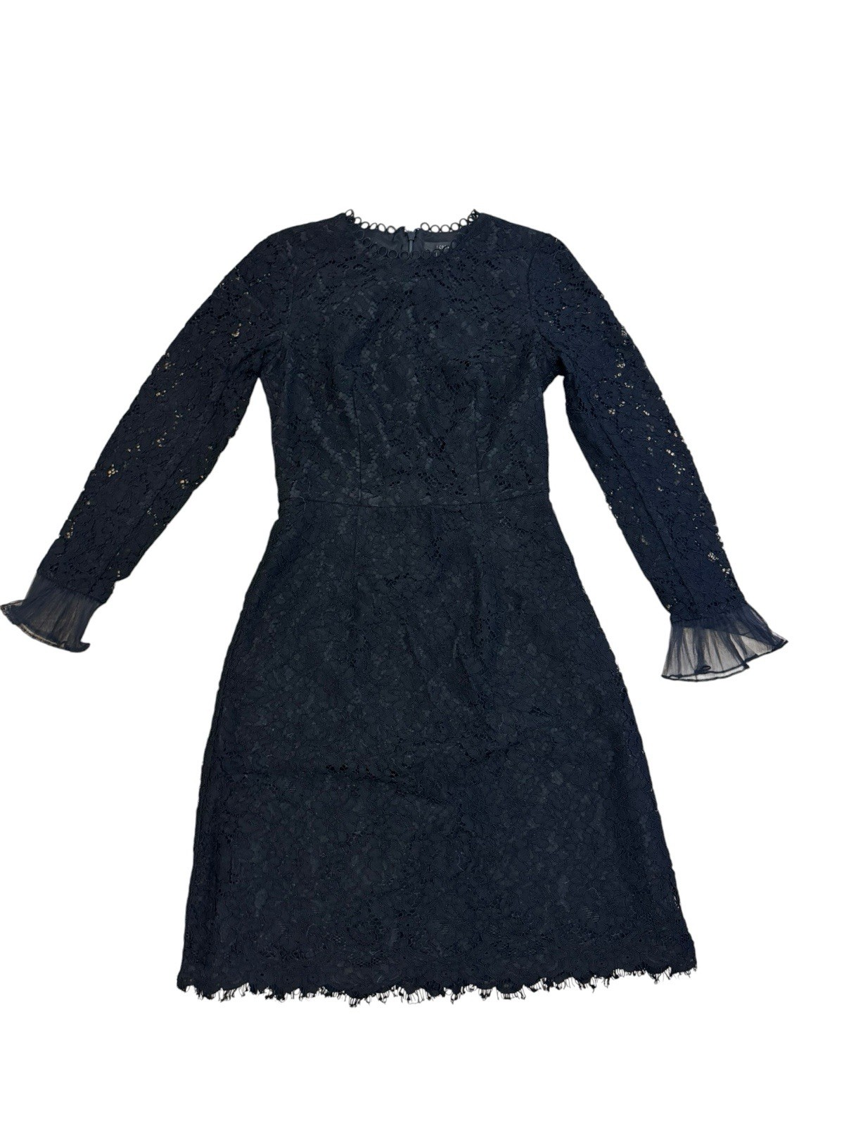 J.Crew Black Floral Lace Sheath Dress Long Sleeve Ruffle Cuff Size 00 Cocktail