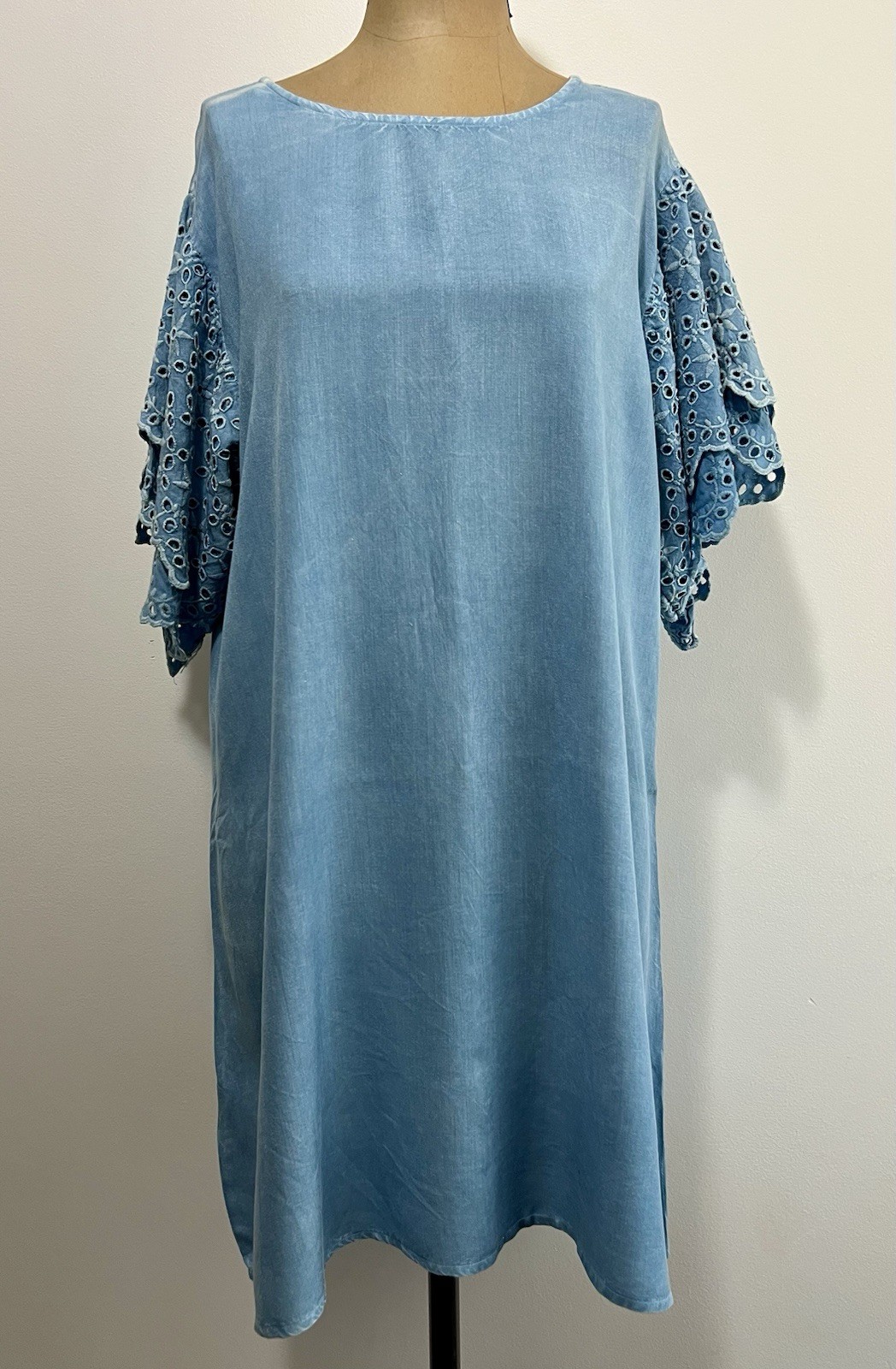Style Envy Chambray Eyelet Lace Sleeves Shift Dress Rayon Size XL Blue
