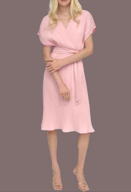 $169 Dkny Women’s Pleated Surplice-Neck Faux-Wrap Dress Size: 8 – Silver Pink