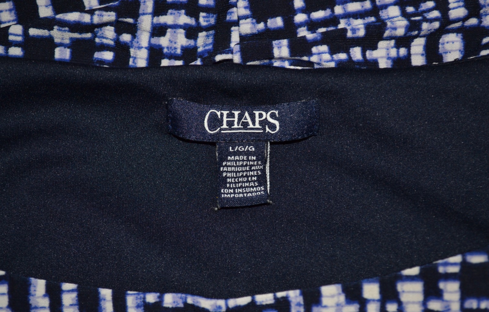 CHAPS Black Blue White Patterned Dress Large Slight Cap Sleeve Twist Waist
