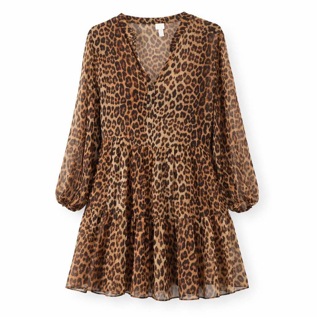 H&M Leopard Print Tiered Mini Dress – Boho Long Sleeve V-Neck, Size Medium