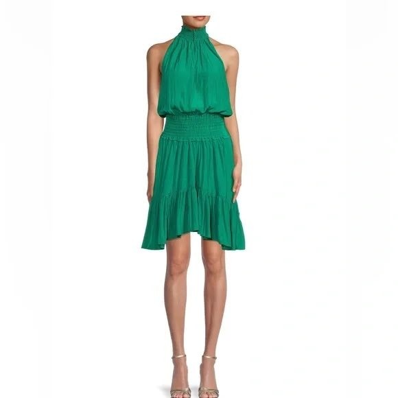 A.L.C. Cody Smocked Green Dress Smocked Halter Mini Tiered Ruffle Hem Size 10