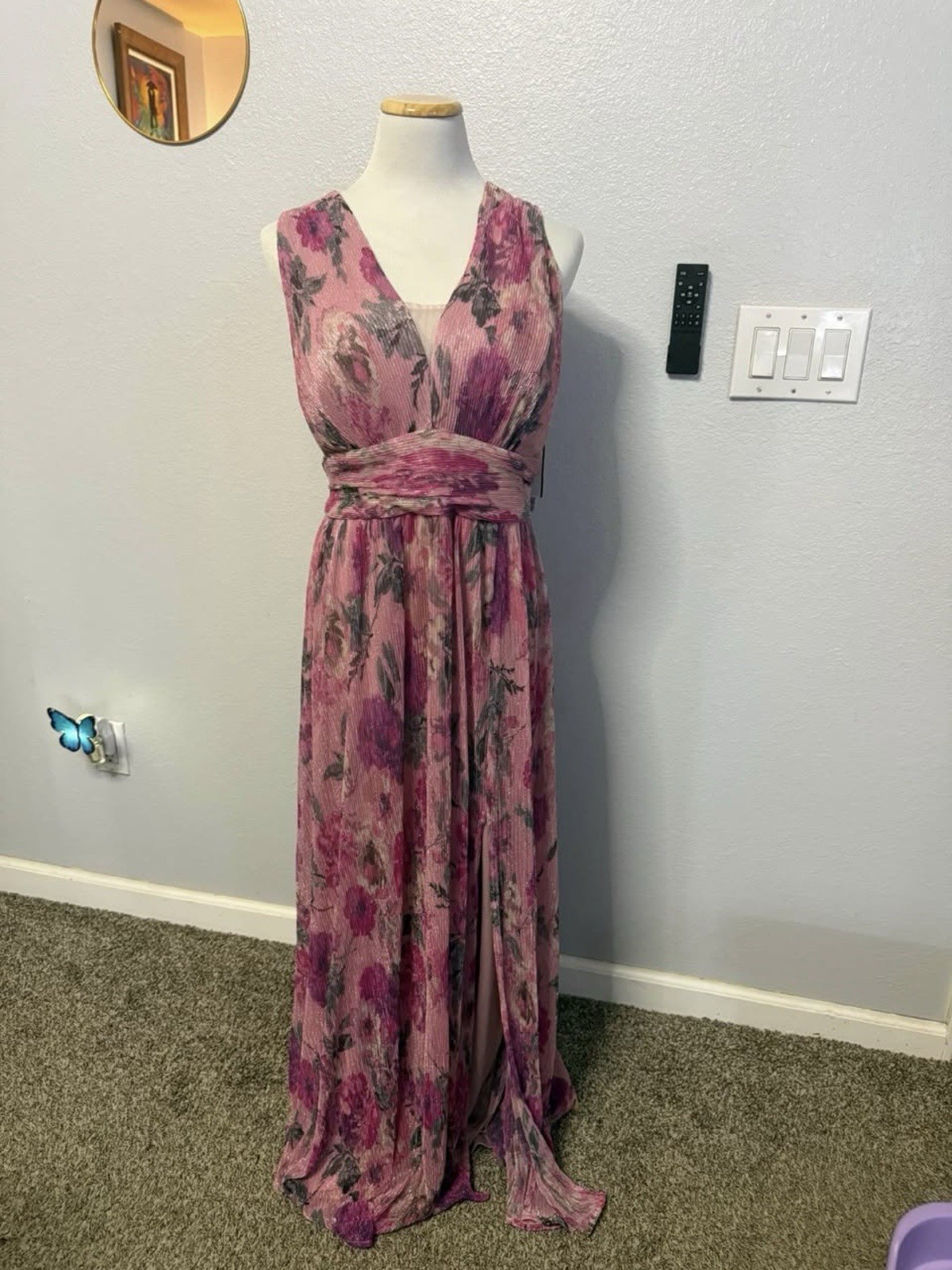 R&M Richards Women’s 14W Pink Purple Floral Pleated V-Neck Sleeveless Maxi
