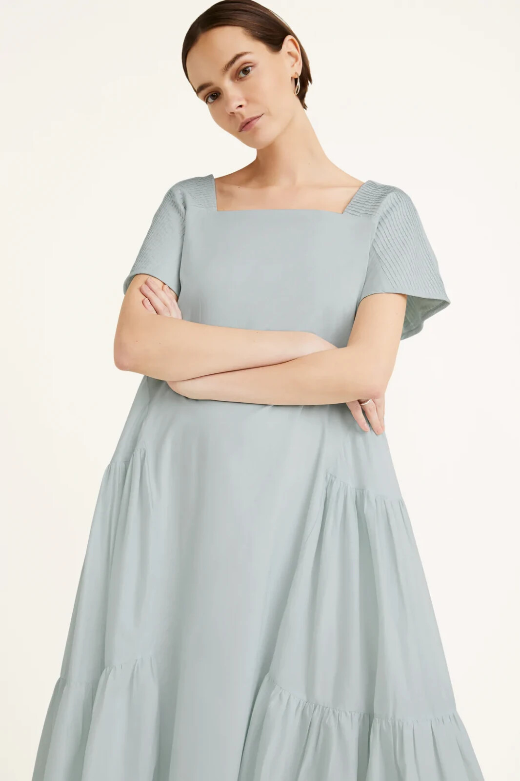 $500 MERLETTE Minne Pintuck Sleeve Tiered Pima Cotton Lawn Dress | Sea Mist | S
