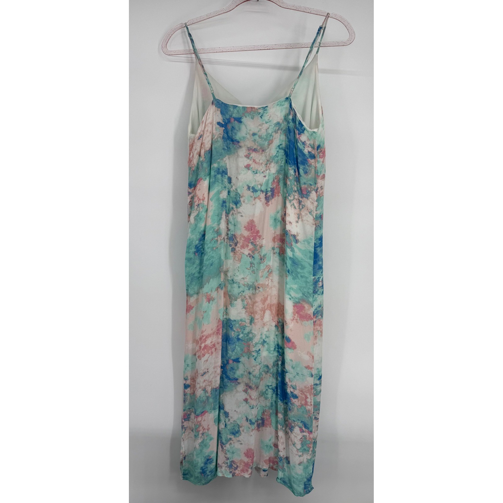 Gilli Womens Watercolor Abstract Midi Slip Dress Teal Pink Blue V-Neck Sz M
