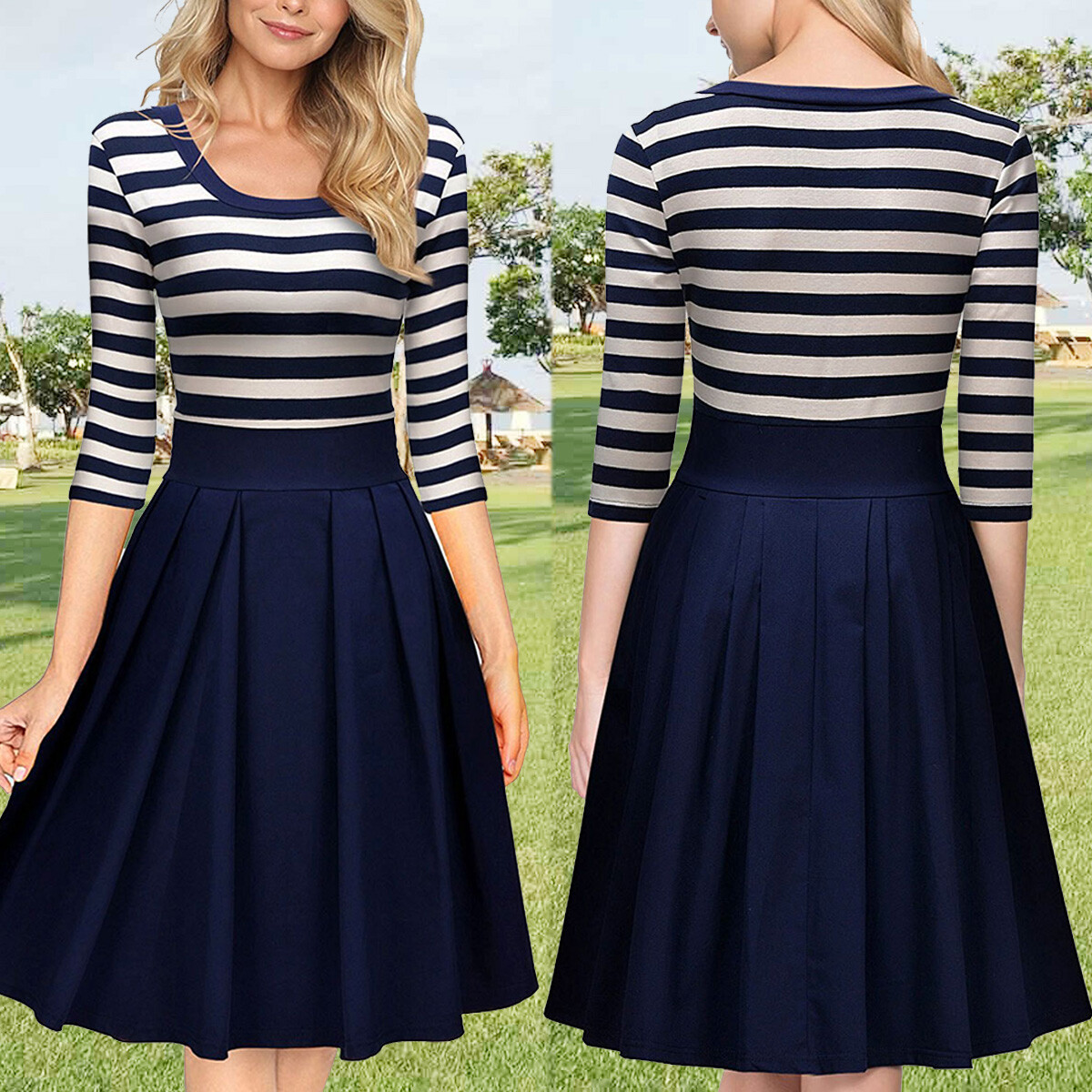 Women’s O-Neck 3/4 Long Sleeve Striped Pleated Casual Swing Mini Dress US SHIP
