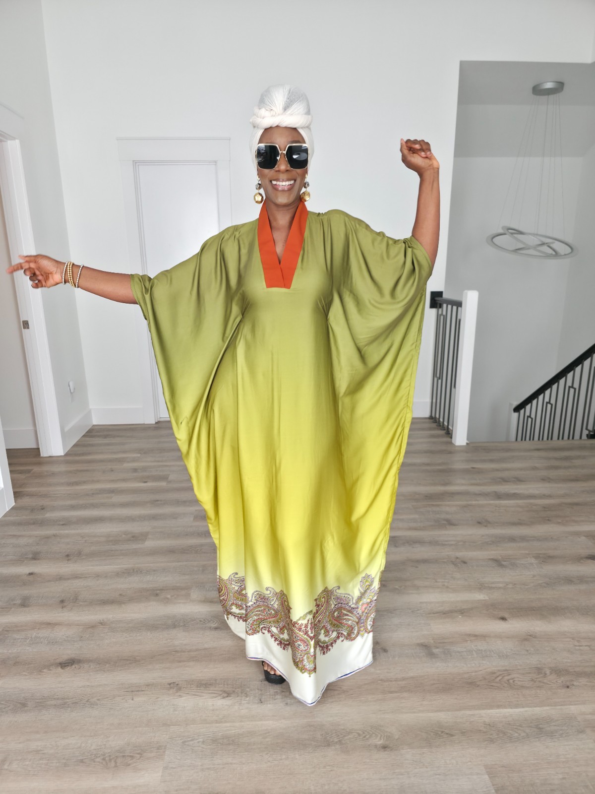 Luxury Ombre Kaftan Dress One Size Olive Green Paisley Border Silk Look Boubou