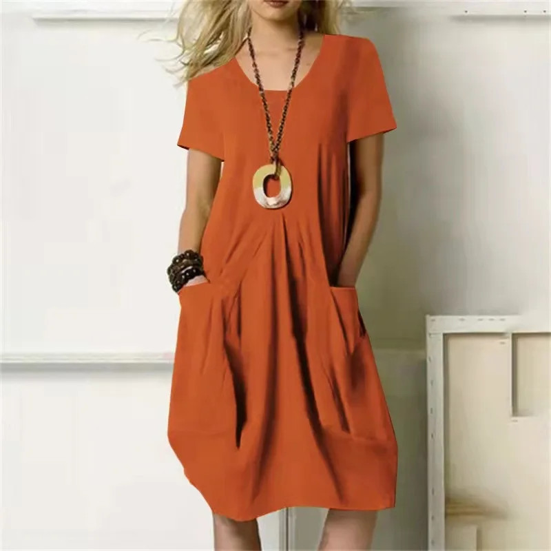 Women Round Neck Short Sleeve Double Pocket Loose Cotton Linen Knee Length Dress