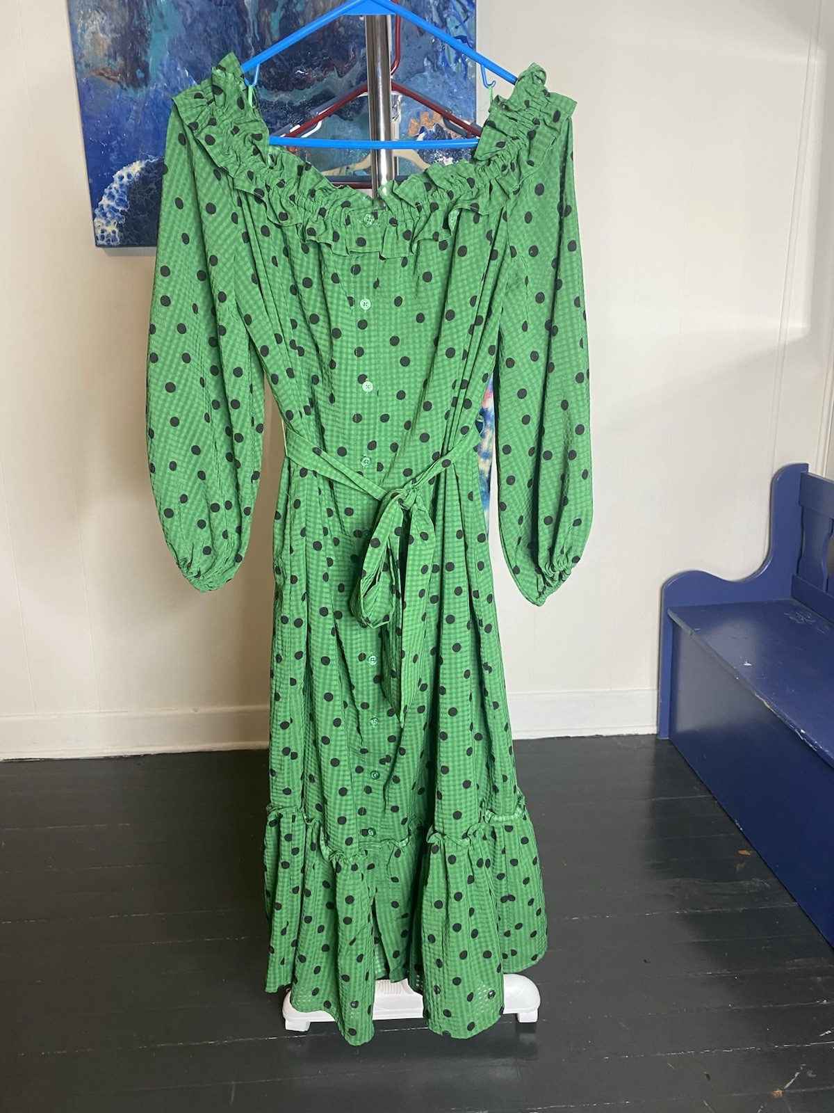 Who What Wear green and black polka dot ruffle off-shoulder midi dress Sz L NWT