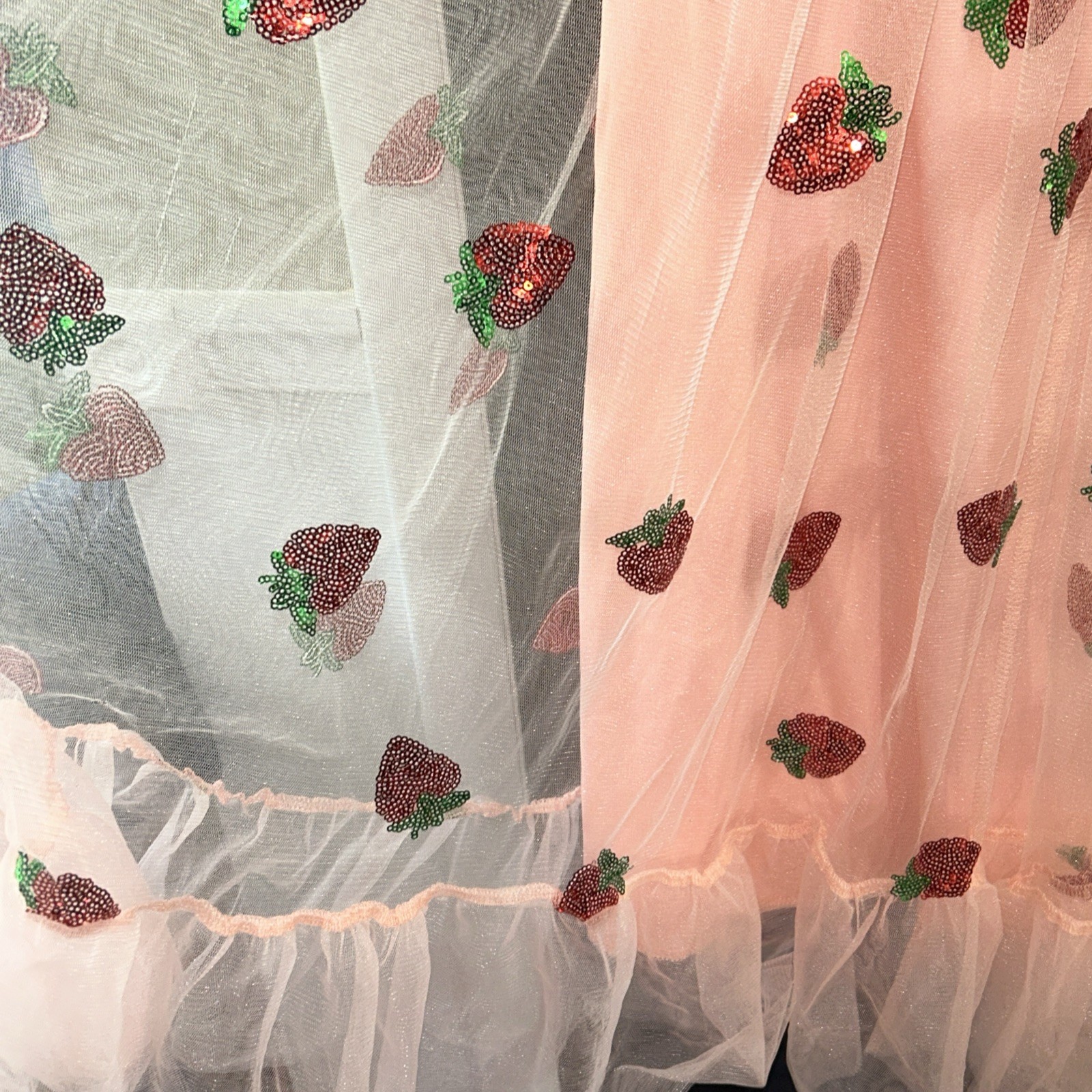 Strawberry Sequin Tulle Maxi Spring Pink Dress Retro Dress Size XL Fairy