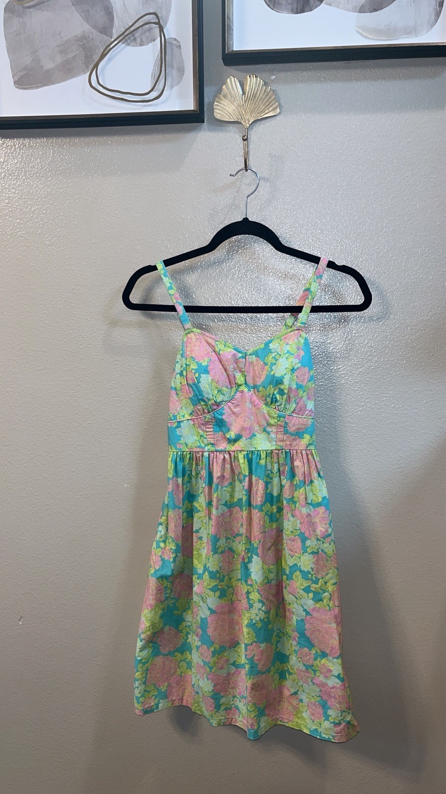 Red Camel Cotton Dress Floral Multi Grove Garden Size XS