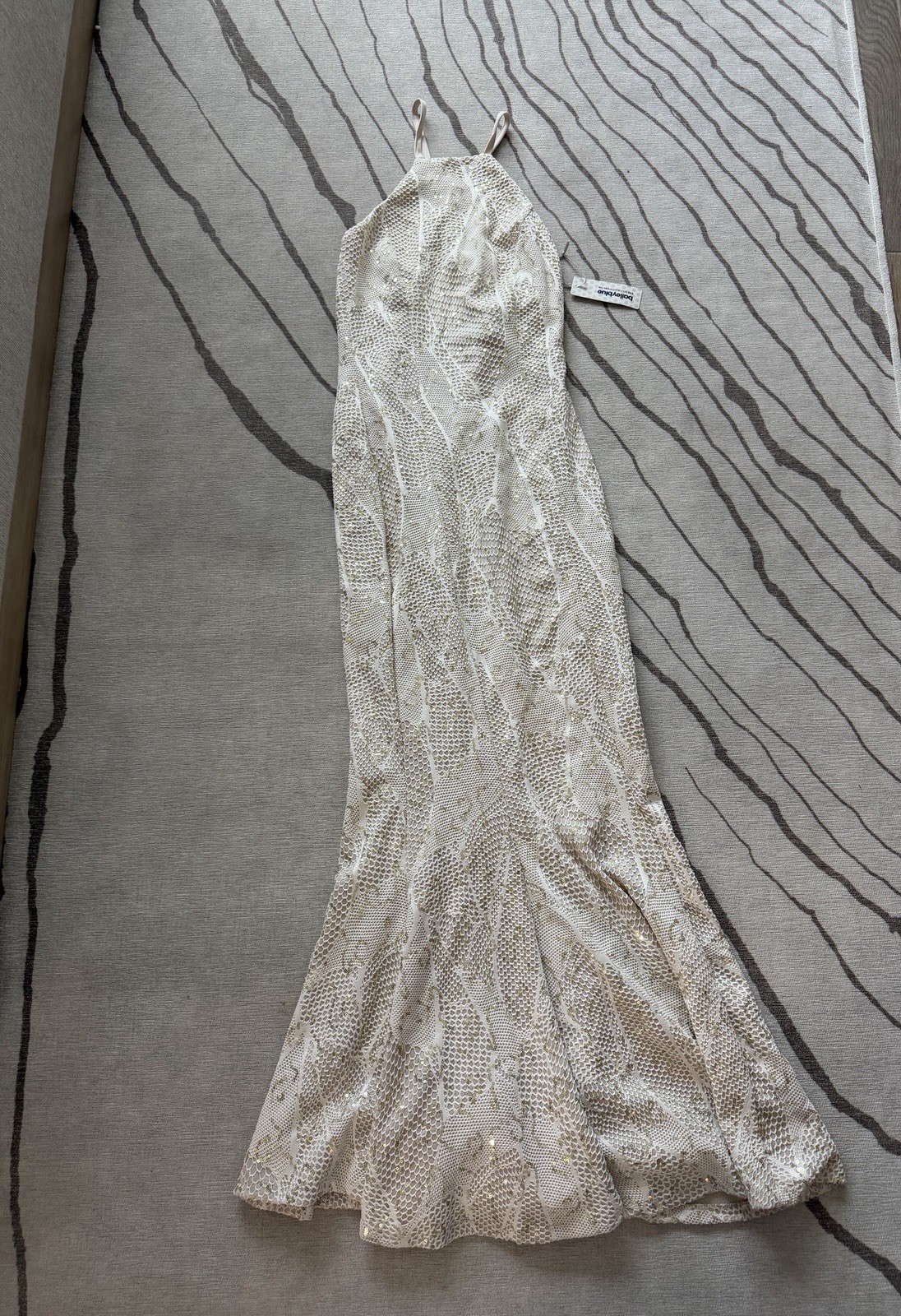 NWT Bailey Blue Ivory Lace Sequin Halter Strappy Back Long Gown Dress Size S