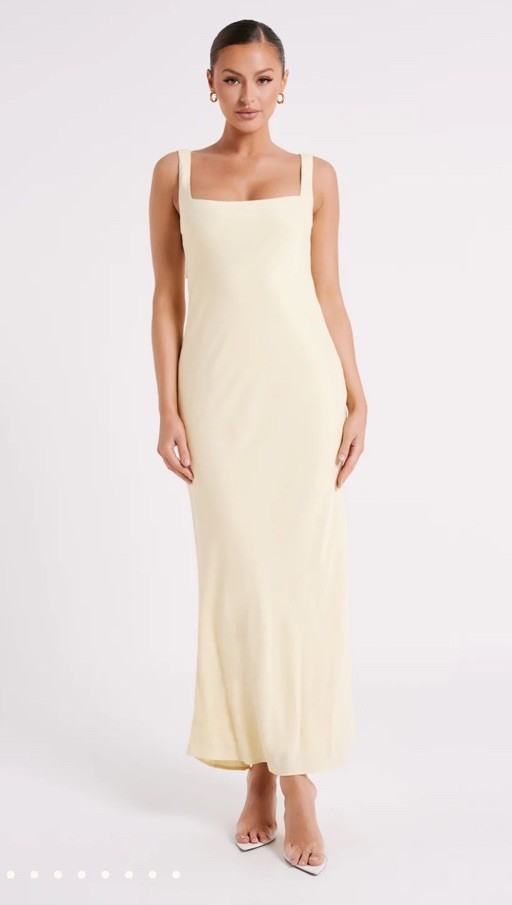 MESHKI Butter Yellow Satin Low-Cut Back Sleeveless Maxi Dress Size XS NWT
