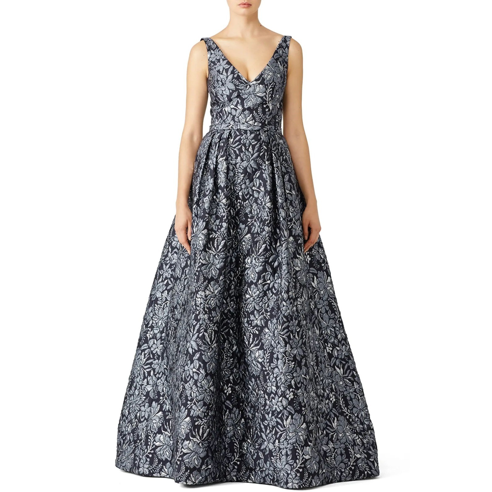 Theia Floral Slate Ball Gown Womens 10 Silver Blue Brocade Maxi Formal Evening