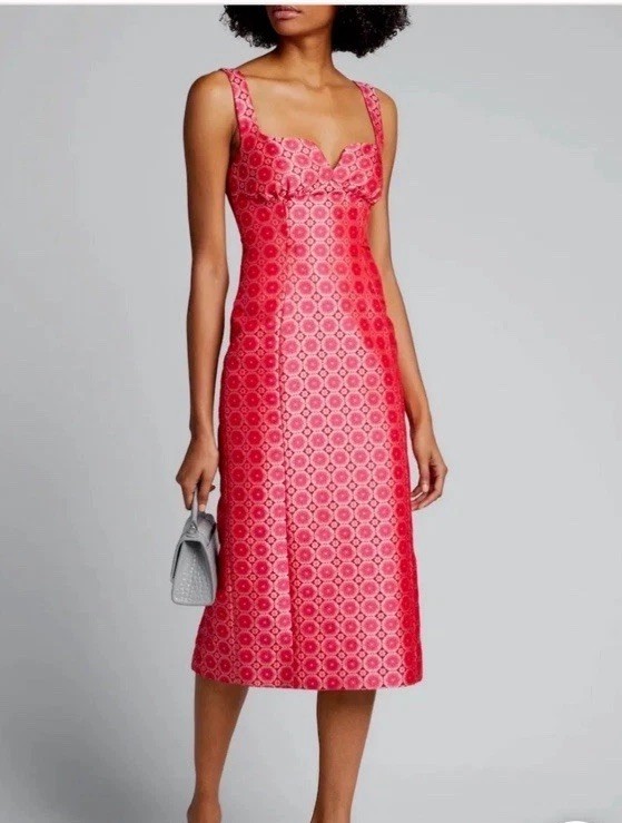 Saloni Halle Sweetheart Pink Jacquard Midi Dress Size 8