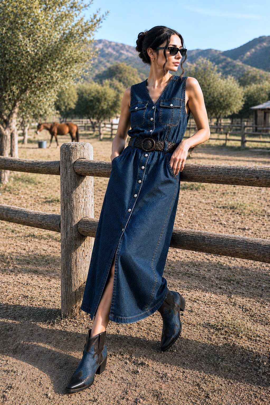 VTG Bill Blass Pearl Snap Front 7-Pocket Long Sleeveless Denim Jean Dress 8