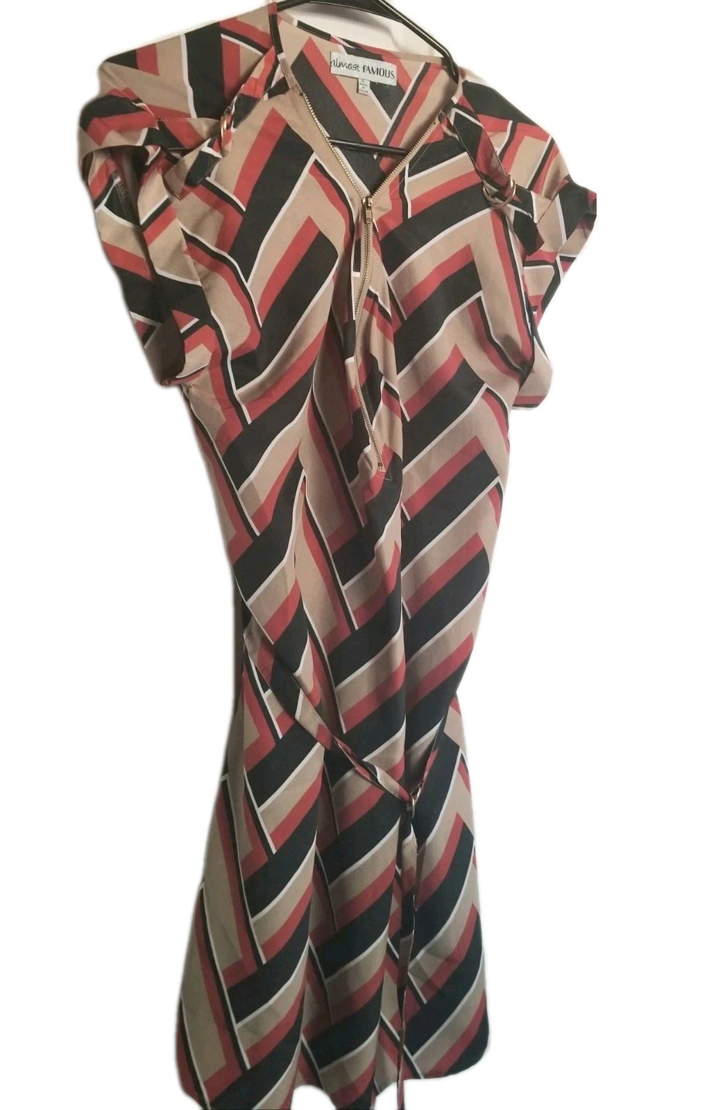 Almost Famous Size L Abstract Black/Tan/Ivory/Brick Print Loop Belted Dress. EC!