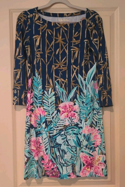 Lilly Pulitzer Blue Tropical Floral Shift Dress S Knee Length 3/4 Sleeve Knit