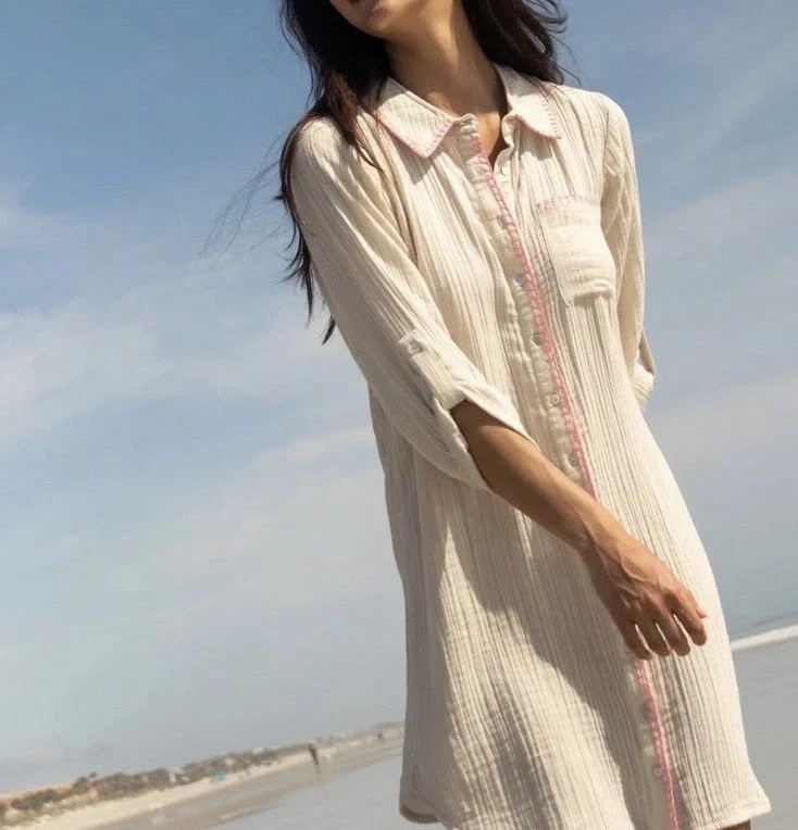 NWT Natural Life Lola Shirt Dress Button Up Cotton Gauze M Cream Pink Boho Beach