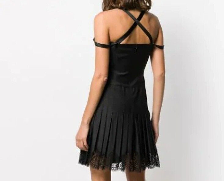 Versace Medusa Logo Button Black Lace Strappy LBD Cocktail Dress US 0 IT 36