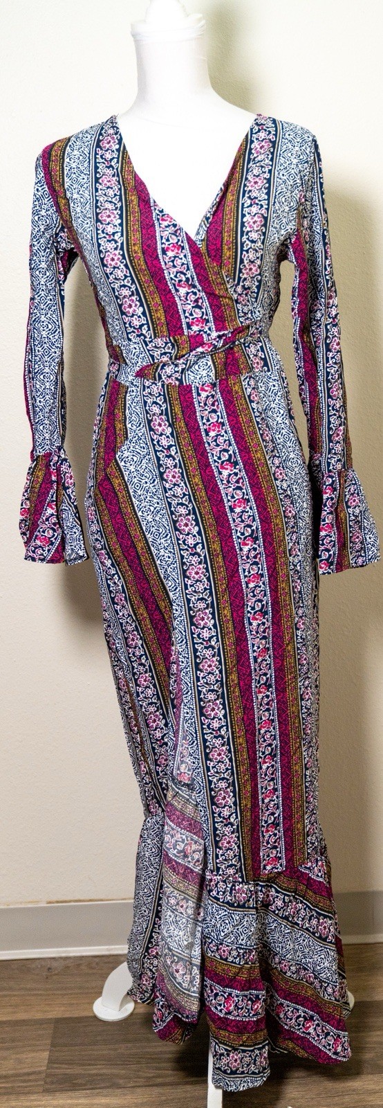 R. Vivimos Womens S Multicolor Floral V-Neck Wrap Maxi Long Sleeve Tie Ruffle