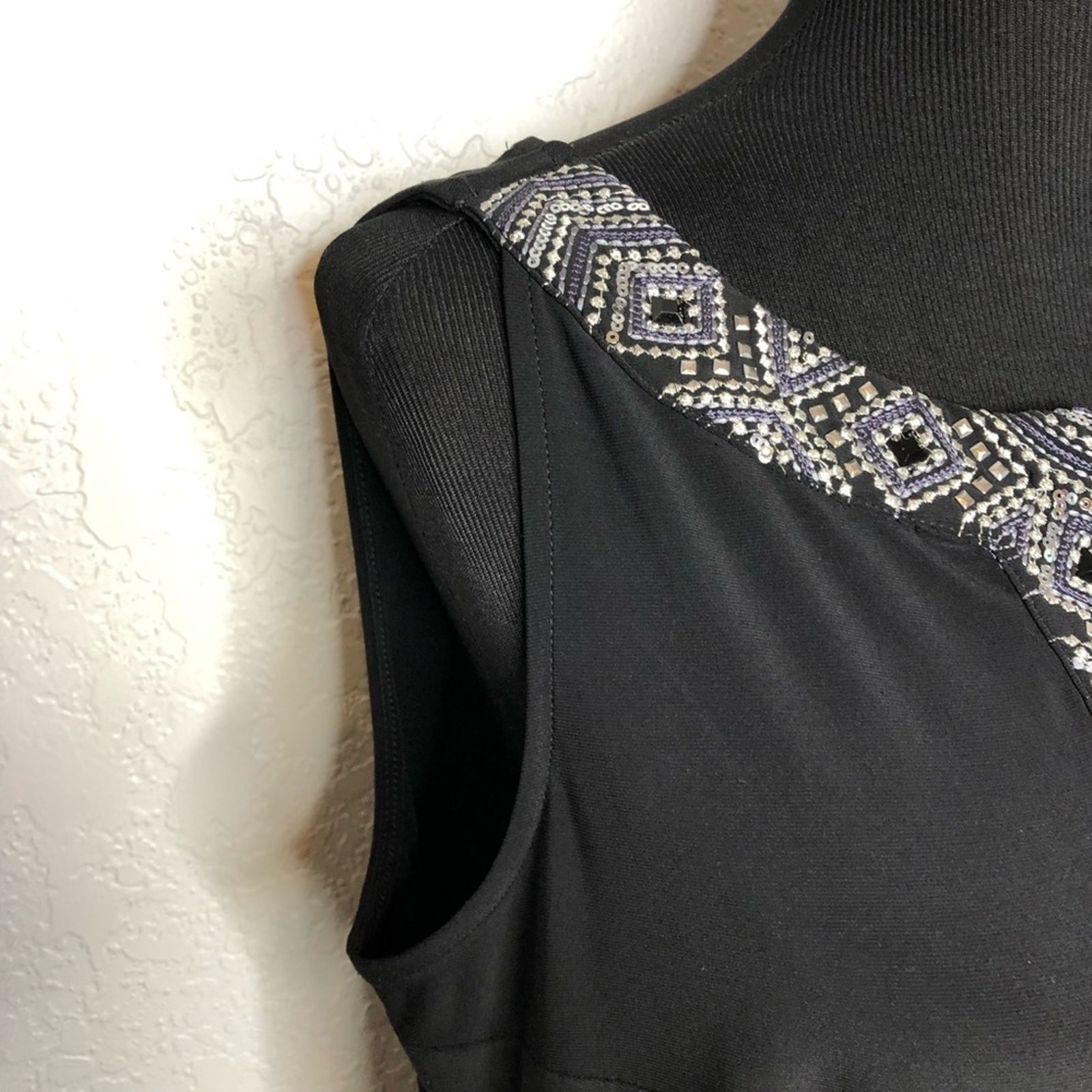 WHBM black silver beaded neckline pleated hem sleeveless dress size Large