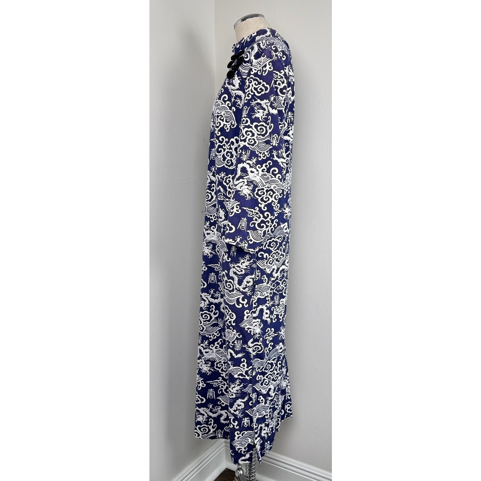 Vintage Chinese Style Maxi Dress Blue Dragon Print High Neck Asian Handmade