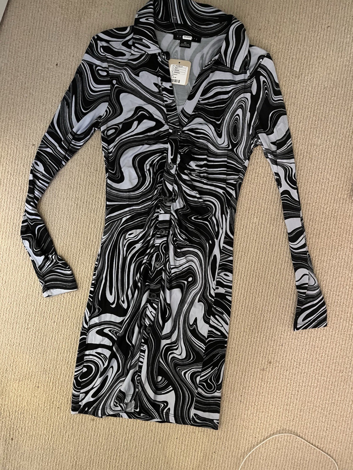 Sanctuary Daydream Fitted Mini Dress XS Ruched Bodycon Liquid Marble Print NWT