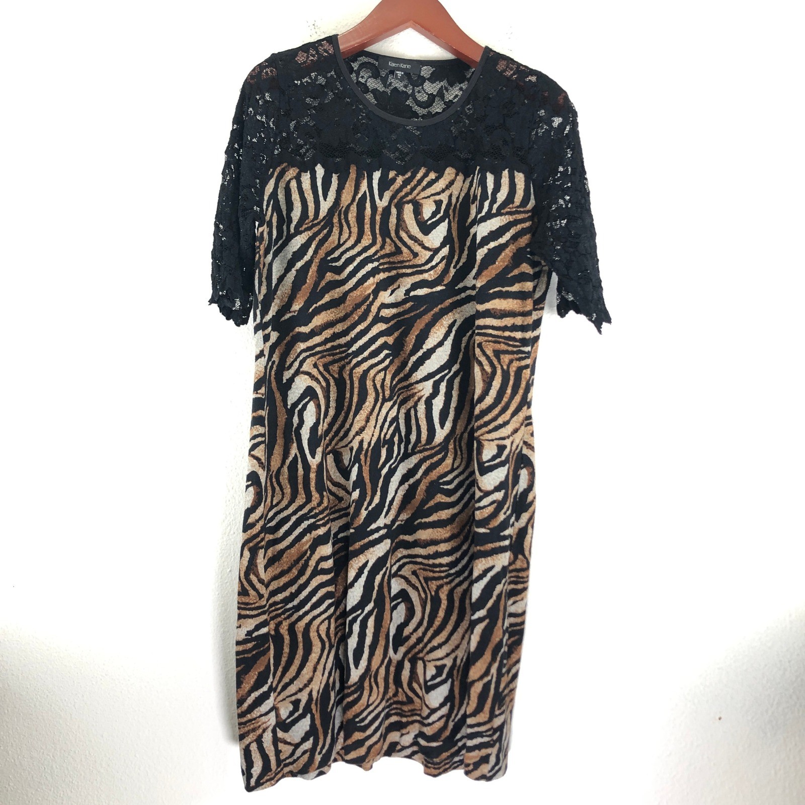 Karen Kane Womens Tiger Print Lace Yoke Sheath Dress Black Brown 1X Safari Chic
