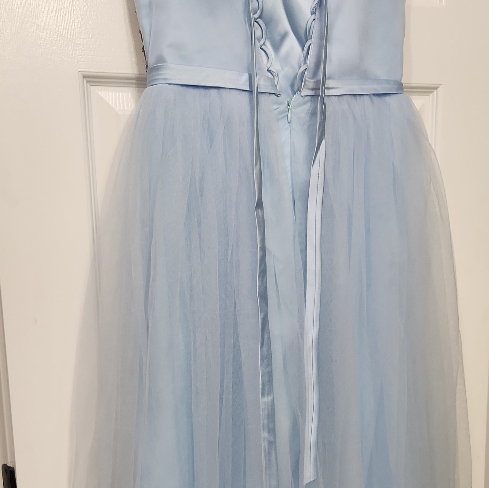 Blue Tulle Long Formal Gown, Silver Sequin Bodice, Satin Bow, Size 4