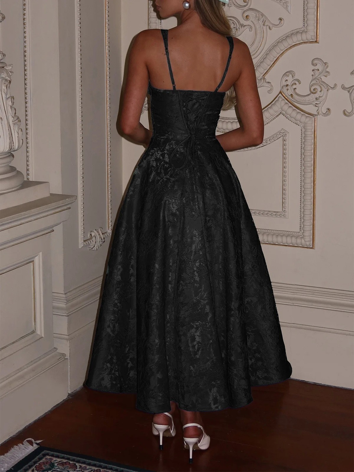 Black Floral Lace Tea Length Midi Dress Spaghetti Strap Corset Formal Gown