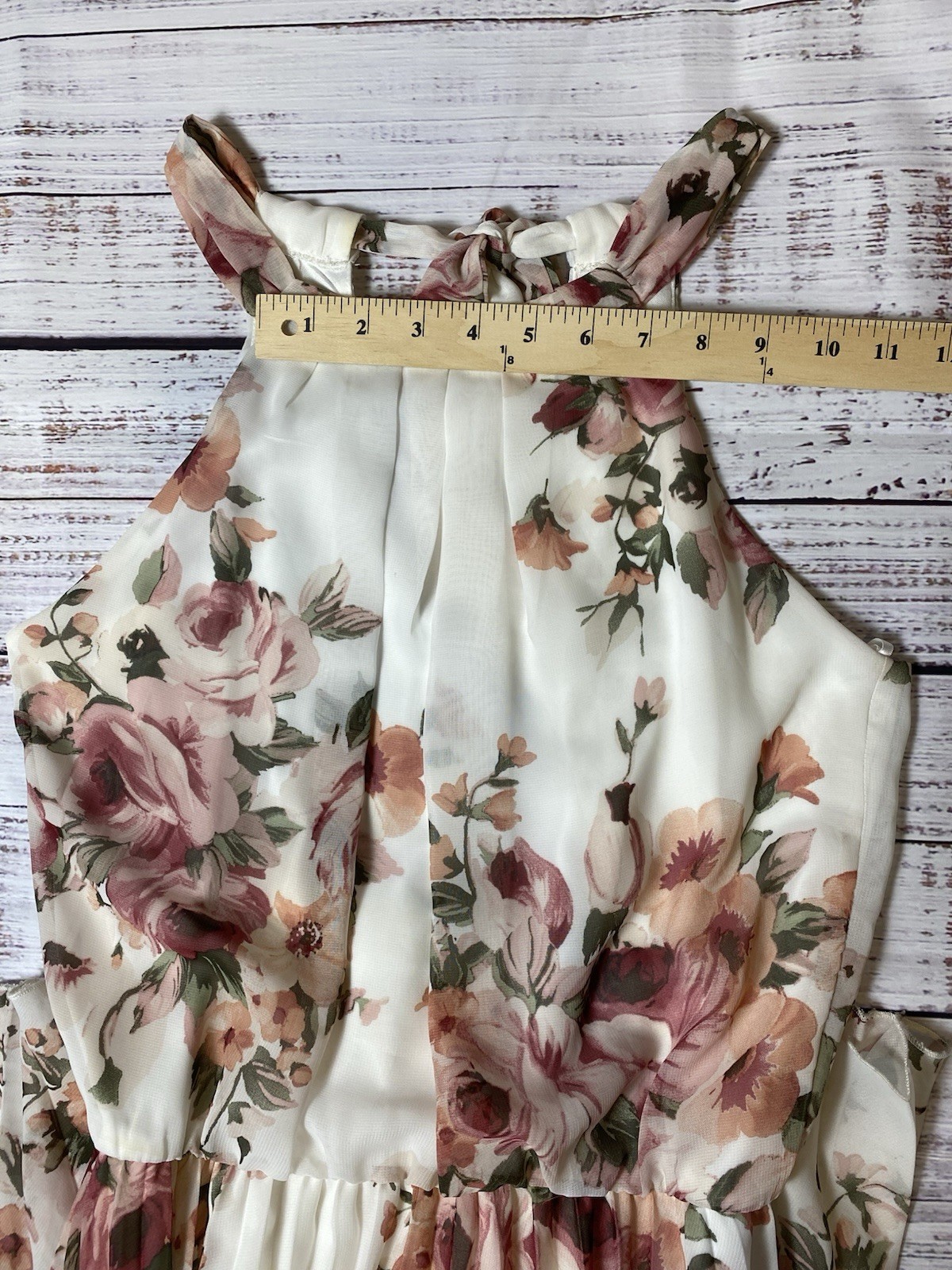 Premier Amour Size 2 Ivory Pink Floral Chiffon Halter Maxi Dress Pleated Bow