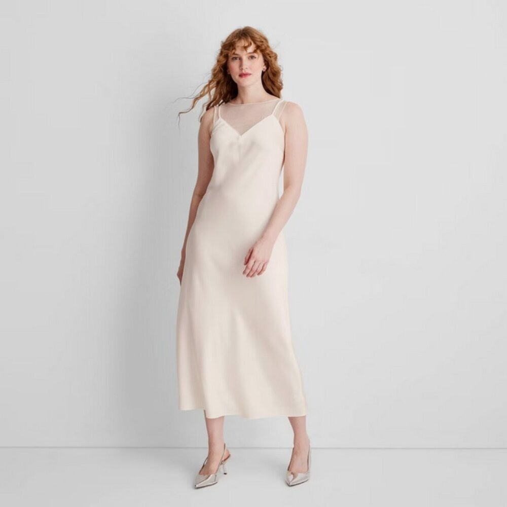 Women’s Sleeveless Mixed Media Ankle Slip Dress – Future Collective Cream S