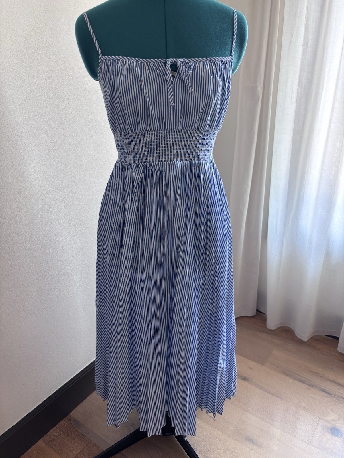 J.Crew Dress Blue White Striped Smocked Midi Pleated Womens 0