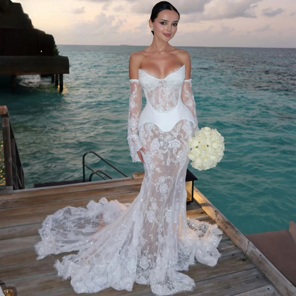 Off Shoulder Long Sleeve Lace Mermaid Wedding Dress Sheer Corset Bridal Gown
