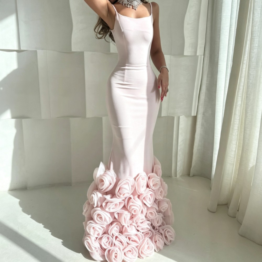 Light Pink Flower Pleat Mermaid Evening Dresses Sexy Spaghetti Straps Prom Gowns